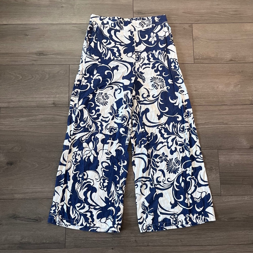 Christian Siriano New York Blue White Floral Wide Leg Pants Womens Small